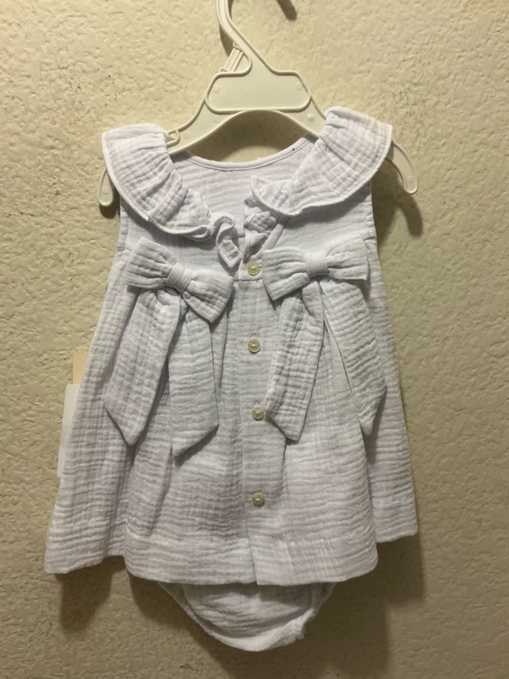 Sophie & Lucas White Textured Baby Dress with Double Front Bows